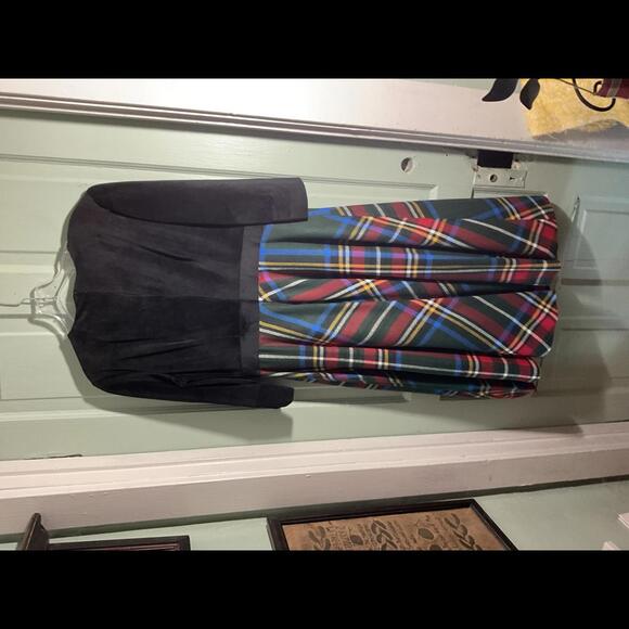 Vintage Wool Black Velour and  Green Tartan Plaid Dress full circle skirt Medium - Picture 7 of 8